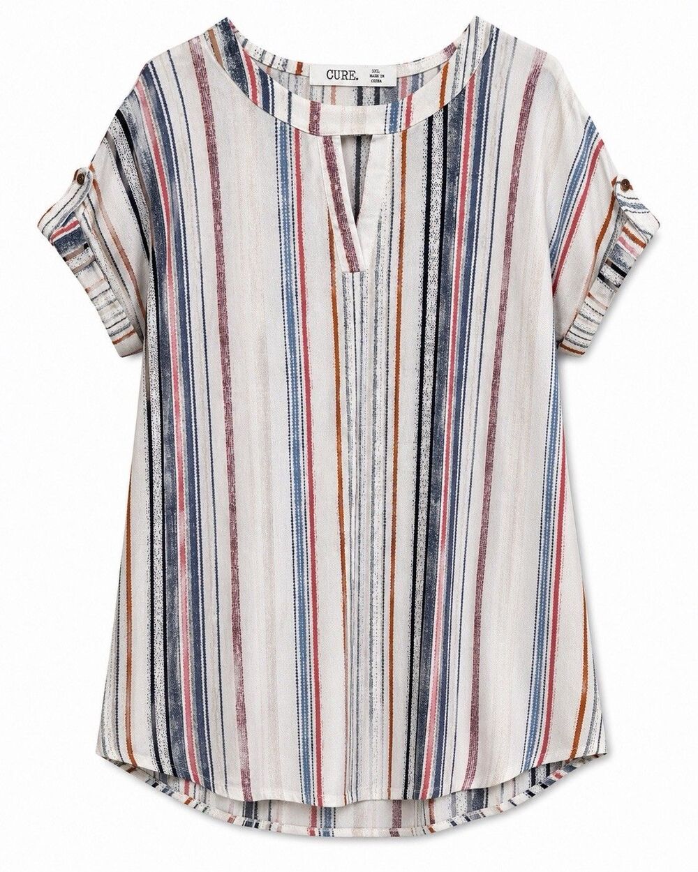 CURE. Blouse Women's 3XL Multicolor Striped V Neck Roll Tab Sleeve Tunic Top